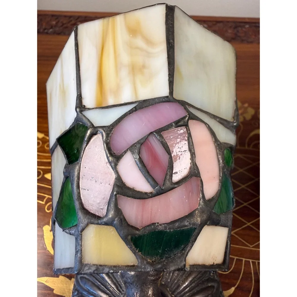 Vintage Stained Glass Rose Wall Sconces Pair Votive Candle Holders Tiffany Style